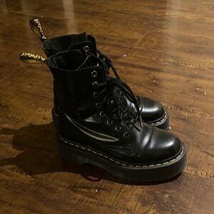 Dr. Martens Black Leather Platform Combat Boots with Yellow Stitching